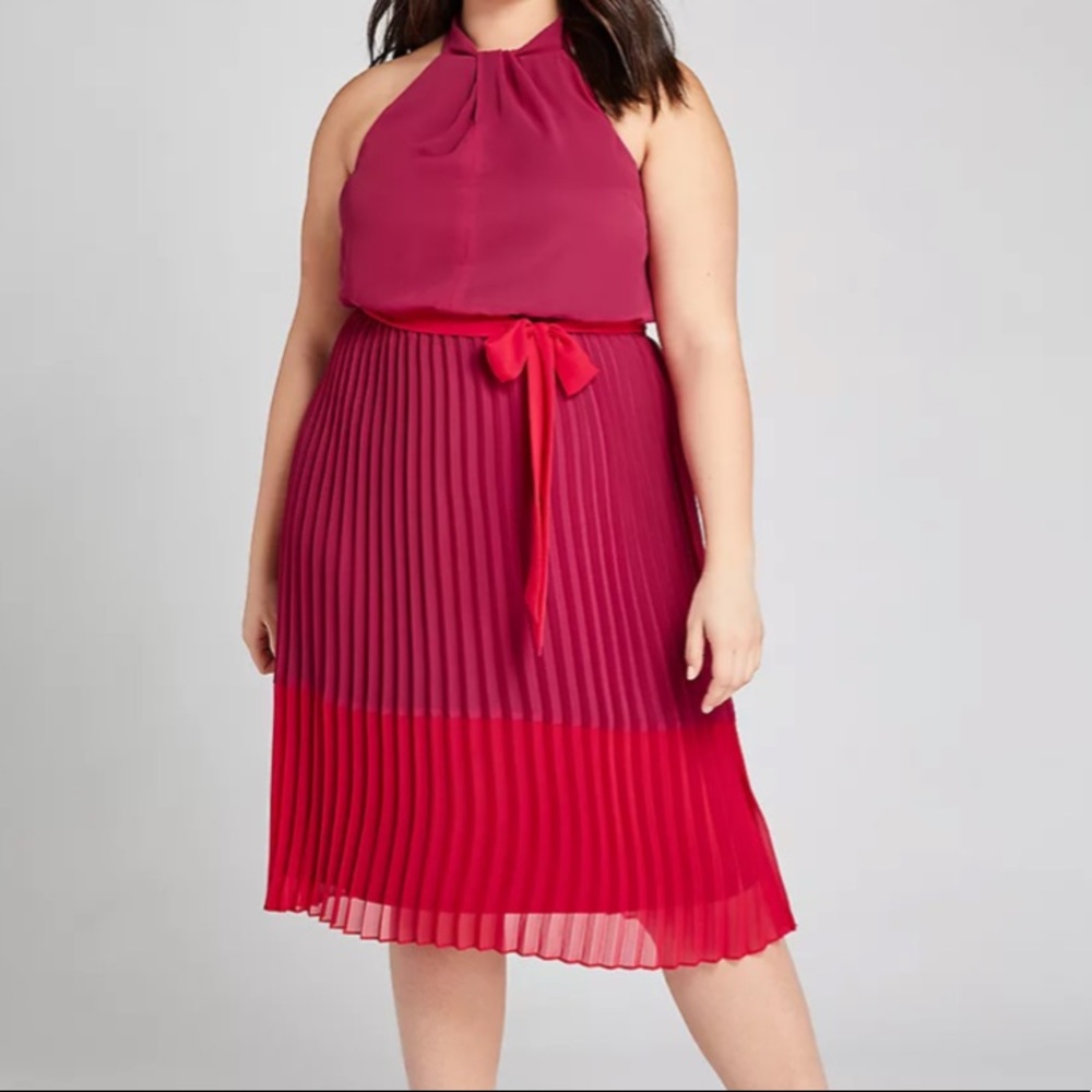 Pleated Colorblock Fit & Flare Dress
